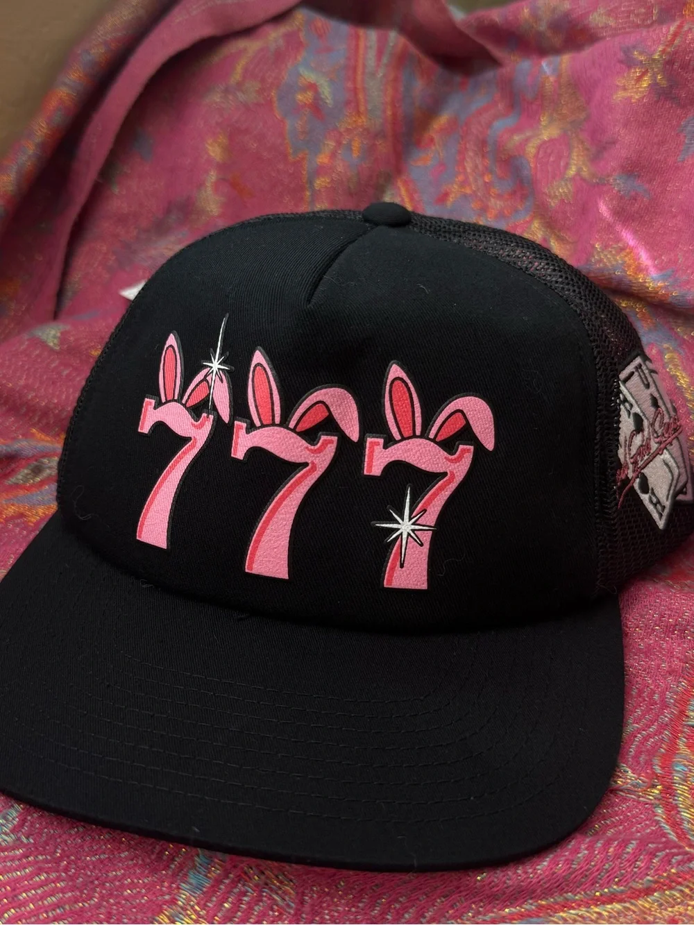 HUF Black Trucker Hat with Pink 777 Bunny Graphic